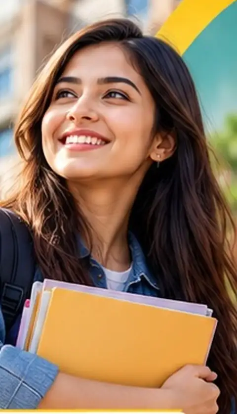 Smiling student holding notebooks, ready for B-school applications